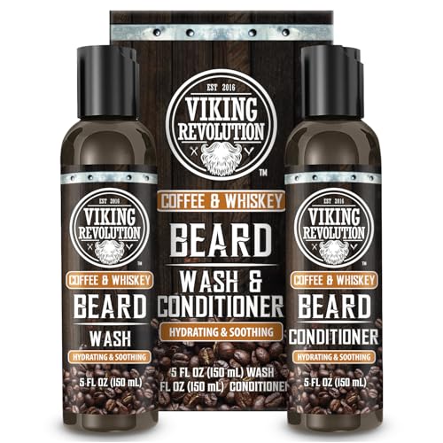 Viking Revolution Beard Wash and Beard Conditioner for Men with Argan Oil and Jojoba Oil- Beard Softener and Strengthener Beard Care Beard Shampoo and Conditioner with Ginseng Root(5oz,Coffee Whiskey)