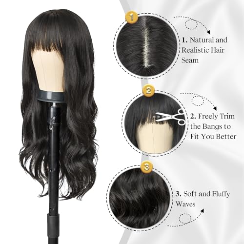 Black Wig for Women 26 Inch Synthetic Wavy Hair with Bangs - Cosplay & Daily Wear