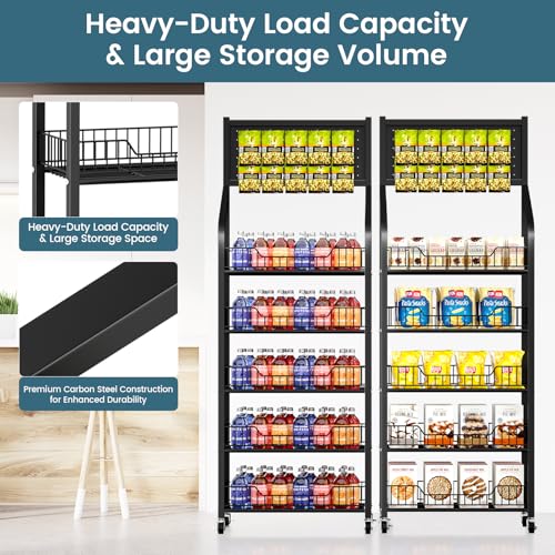 50cm Black Metal Snack Display Rack with Hooks & Wheels - 5 Tiers for Retail & Home Use