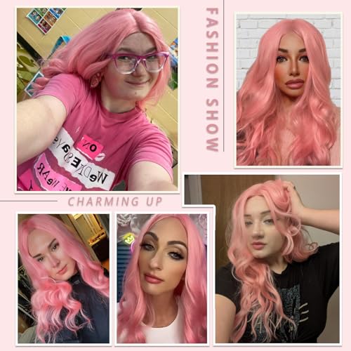 Pink Wavy Wig for Women, 26 Inch Light Pink Synthetic Hair, Natural Look & Heat Resistant - Variation: Pink