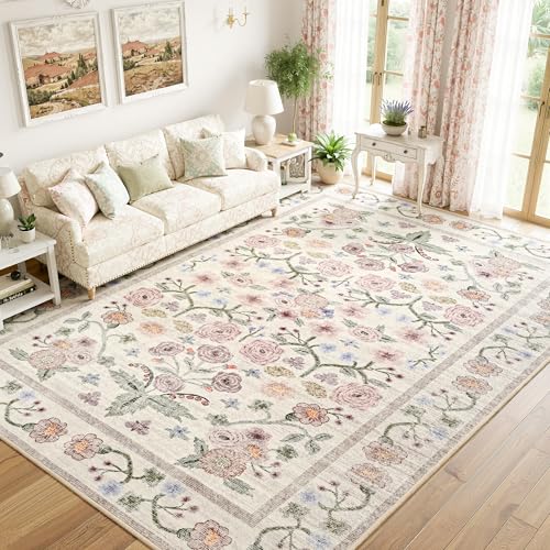 Pink Floral 6x9 Area Rug for Living Room & Bedroom Non-Slip Faux Wool