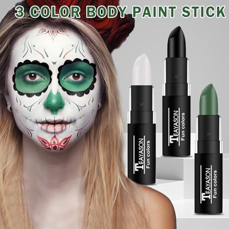 3 Colors Face Body Paint Sticks Professional Eye Black Football Baseball Softball,Highly Pigmented Halloween Facepaint Makeup Kit for Adults and Kids£¨White/Black/Green Eye Black Sticks£©