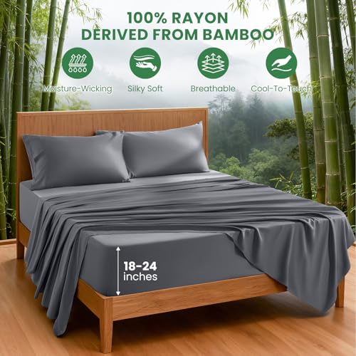 AiAngu Dark Grey King Bamboo Rayon Sheet Set - Extra Deep Pocket 4Pcs
