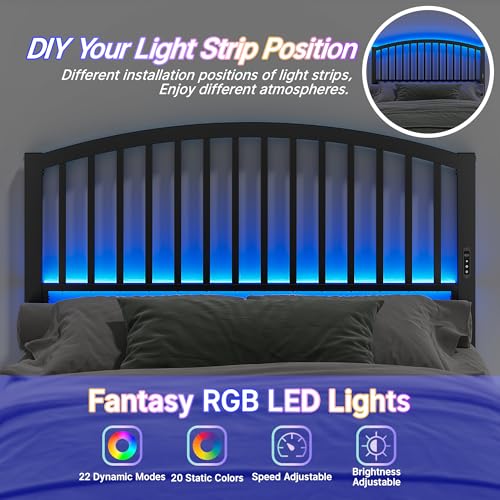 Queen Headboard with LED Lights and USB Port - Black Metal Bed Frame