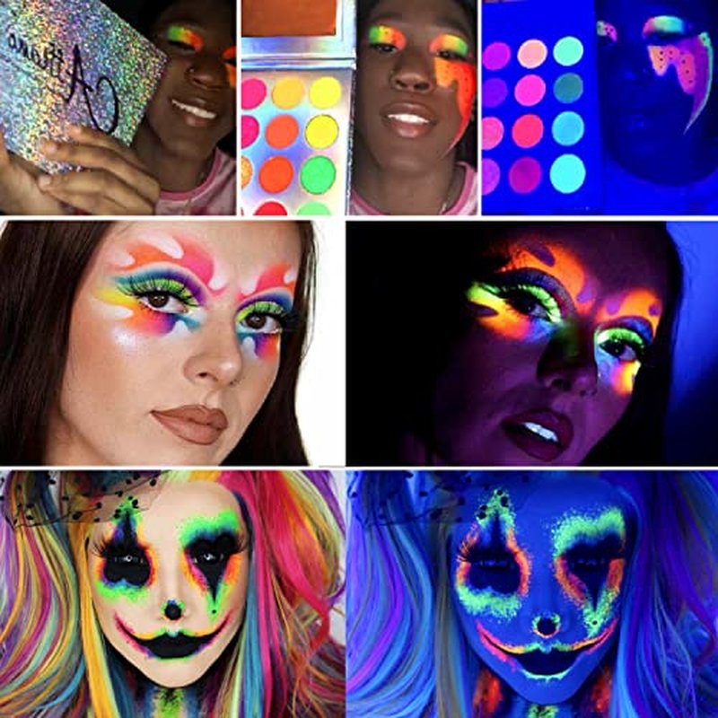 Afflano Neon Makeup Palette Eyeshadow, Glow in the Dark Colorful Eyeshadow Palette Highly Pigmented, Neon Party UV Blacklight Eye Shadow Pallet, Red Orange Pink Pressed Glitter Eyes Makeup Palette