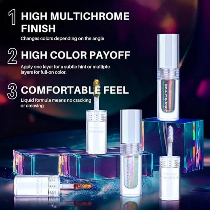 CHARMACY 3 Pcs Multichrome Liquid Metallic Eyeshadow, Chameleon Shifting Color, Holographic Glitter Eyeshadow, Long Lasting Wear, Vegan Eye Topper for Party, Daily Makeup #301