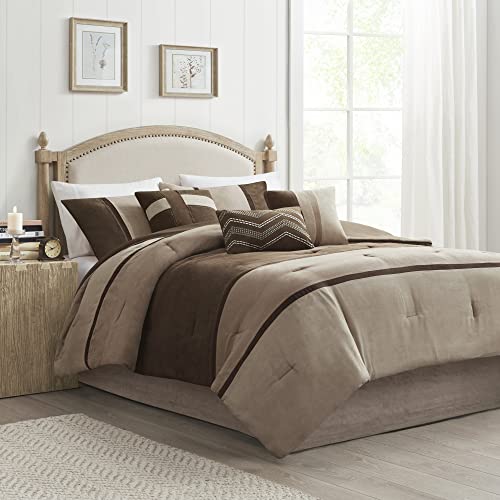 Madison Park Queen Faux Suede Comforter Set 7pcs - Brown & Pieced Design