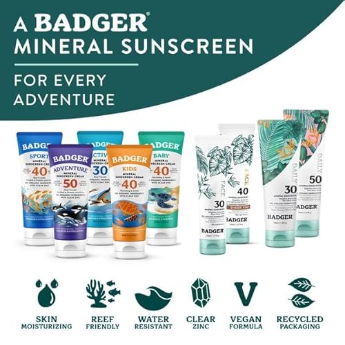 Badger SPF 50 Daily Mineral Sunscreen with Zinc Oxide, 85% Organic, Lightweight & Easy to Apply, No White Cast, Moisturizing, Reef Safe, Vegan, Unscented, 4 fl oz, 2 Pack