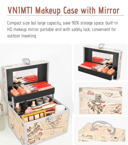 Vintage Stamp Makeup Train Case with Mirror - Lockable Portable Cosmetic Organizer
