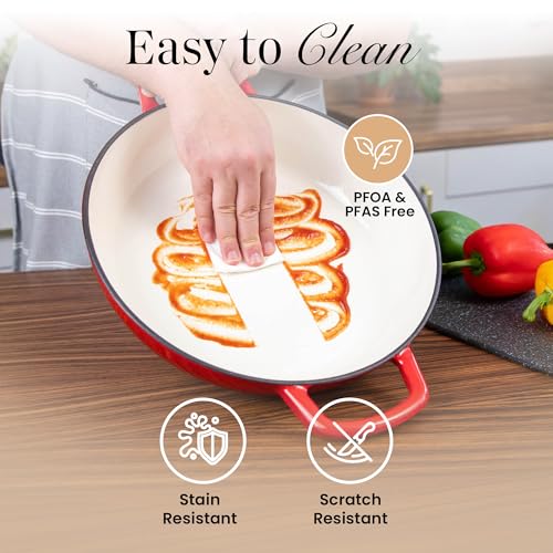Red 5-Quart Shallow Cast Iron Enamelled Dutch Oven with Lid - Sturdy Ovenproof Cookware