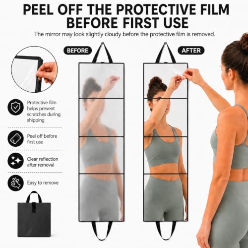 Adzyz Black Foldable Full Length Travel Mirror 39x11.6 Inch 3-Way Standing & Hanging Compact Design