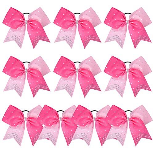 DEEKA Pack of 10 Large Cheer Hair Bows 8" with Rhinestones for Girls, Softball & Cheerleader Sports - Light Pink/Hot Pink