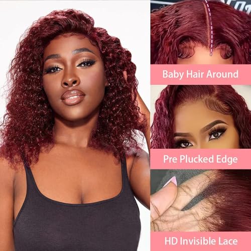 8 Inch 99J Burgundy Curly Human Hair Lace Front Wig for Black Women - Short Bob Style
