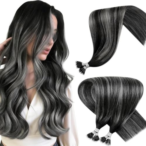 Nano Bead Hair Extensions Human Hair #1B Silver 18in 50g - Variation of THIS listing