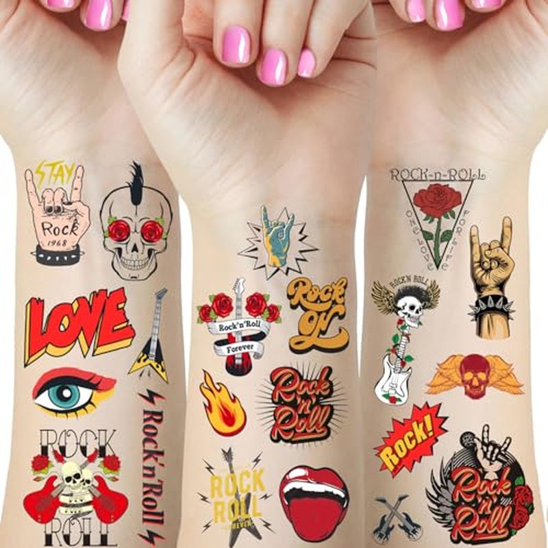 65 Pieces Rock N Roll Temporary Tattoos, Rock Star Birthday Party Decorations Supplies Favors Gifts, Born to Rock Tattoo Stickers for Kids Boys Girls Classroom School Prizes Rewards