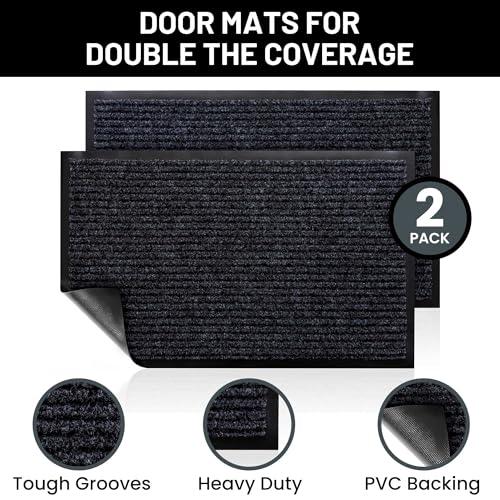48x36 Steel Gray Indoor Outdoor Welcome Door Mat Set - Heavy Duty Ribbed Polyester Entryway Doormats, 2-Pack