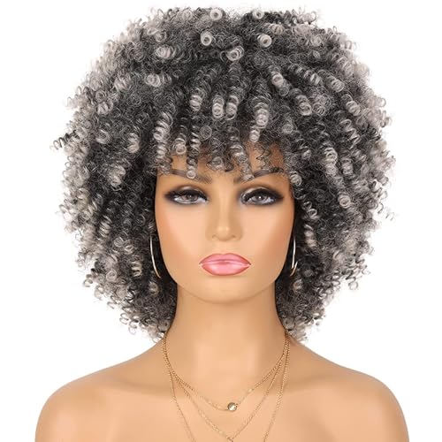 Looxey 12 Inch Grey & White Afro Kinky Curly Wig with Bangs - Glueless Synthetic Short Curly Hair for Daily & Party Use