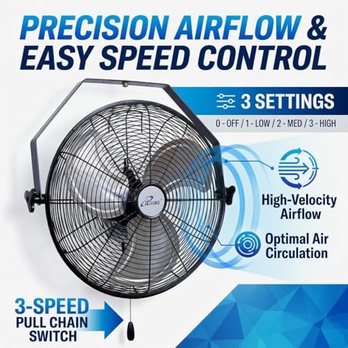 iLiving 18 Inch Wall Mount Fan - High Velocity 4550 CFM, 3 Speeds, Tilt, Heavy Duty Metal Construction