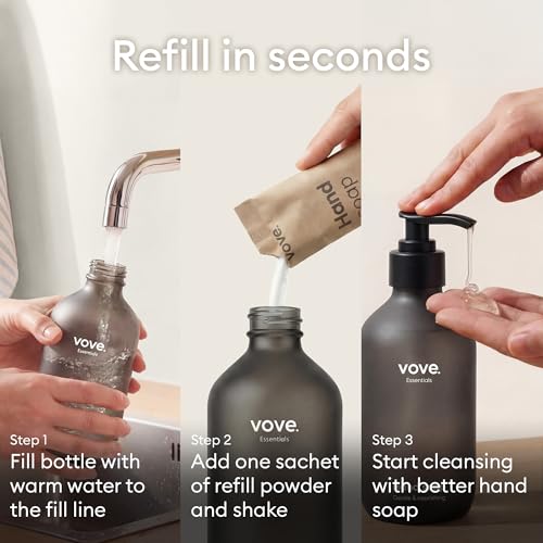 Vove Hand Soap Starter Set - Light Frosted Glass Pump Bottle & 3 Refill Sachets