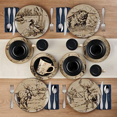Mossy Oak 16-Piece Stoneware Dinnerware Set - Lodge-Style Wildlife Design for Family Dining