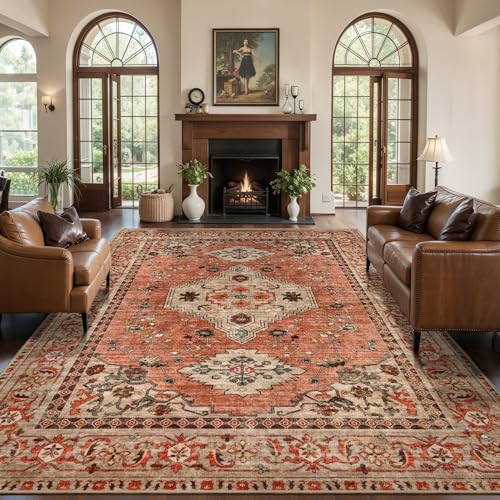 Tangsoo Boho 5x7 Washable Area Rug - Non Slip Indoor Vintage Carpet - Terracotta/Tan