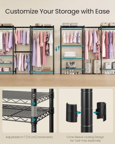 SONGMICS Adjustable Clothes Rack with Mesh Shelves and Hanging Rails - Ink Black