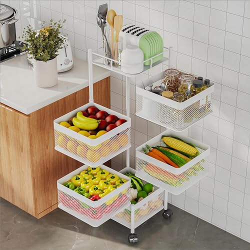 White 5-Tier Rotating Kitchen & Bathroom Storage Cart - No Assembly