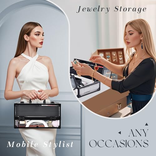 FRENESSA Portable Makeup Case Cosmetics Display Toiletry Organizer Box Transparent Acrylic Artists Train Case with 4 Trays Travel Makeup Tools Storage for Vanity Counter Dresser Organizer Black