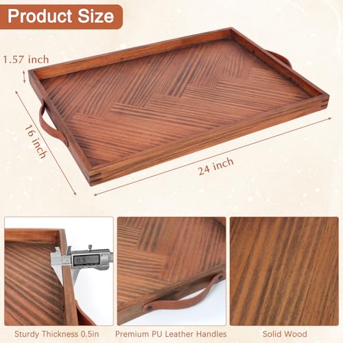 Extra Large Wooden Serving Tray with Leather Handles 24x16 in - Rustic Decor