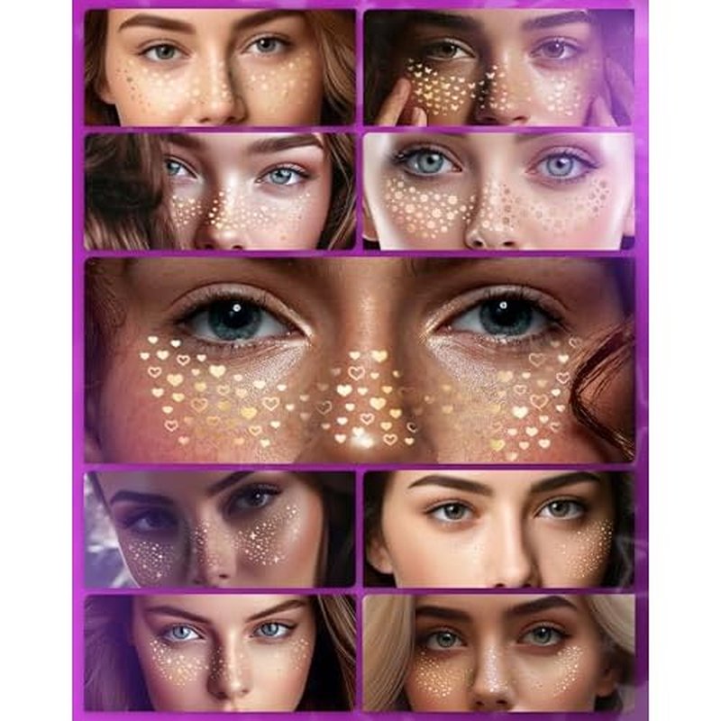 9 Style Set Glitter Face Tattoo Gold Glitter Freckles Makeup Patches, Sparkle Temporary Tattoo Gold Speckles Waterproof Faux Fake Freckle for Dance Music Party Makeup