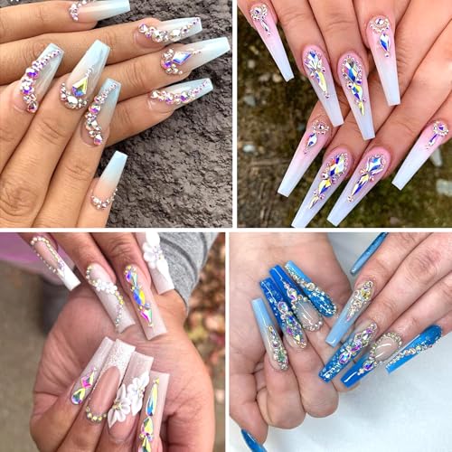 DZHILHMX AB Nail Rhinestones Set with 12 Types & 600 Multi-Size Crystals for Nail Art Decor
