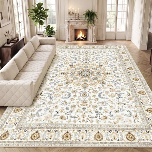 Beige 9x12 Washable Rug with Non-Slip Backing for Living Room