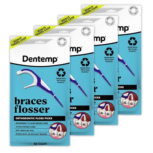 OrVance Dentemp Braces Flosser Pack of 4, 40 Count – Ultra-Strong Floss & Bristles for Braces
