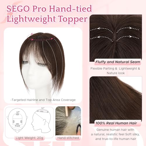 Human Hair Topper with Wispy Bangs for Women - 3.14x4.33 inch Clip-In Volume Enhancer Dark Brown #B-02