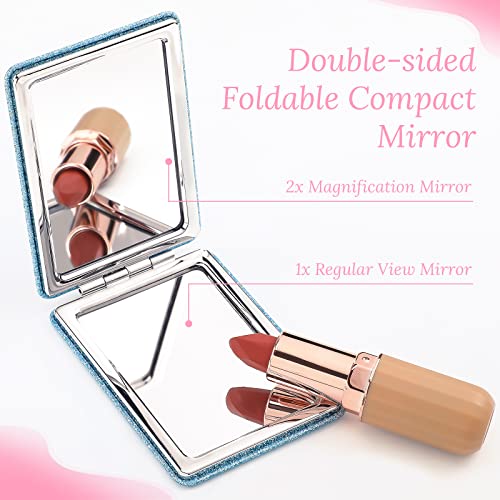 Panelee 8 Pcs Inspirational Compact Mirrors Bulk Glitter Square 1x/ 2X Double Sided Cosmetic Pocket Mirror Folding PU Leather Small Women Day Gift for Women Coworker Employee Sisterhood Party Favor