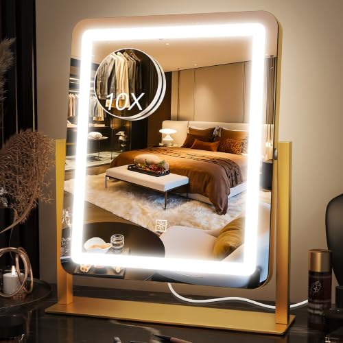 Vanity Mirror with Lights 15x13 inches, 10x Magnification, Adjustable Brightness, Gold