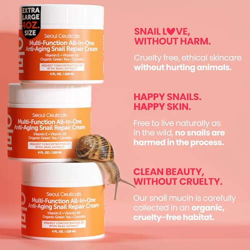 SeoulCeuticals 97.5% Snail Mucin Face Moisturizer Cream 4oz - Cruelty-Free, Organic, Hydrating Skin Care