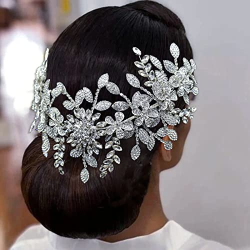 Bridal Headpiece Rhinestone Wedding Headband Vintage Silver Floral Design