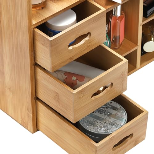 Large Bamboo Makeup Organizer with Drawers and Compartments for Vanity Storage