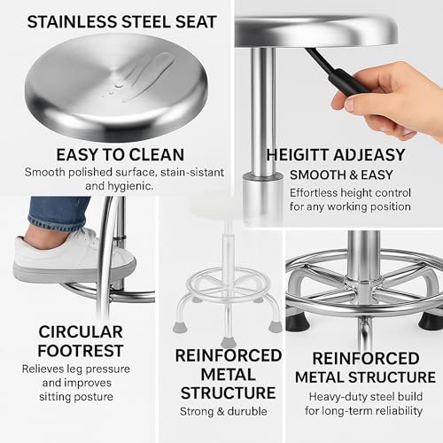Adjustable Stainless Steel Work Stool - Ergonomic Round Chair with Footrest, Non-Slip Pads, Silver Foot Nail Model