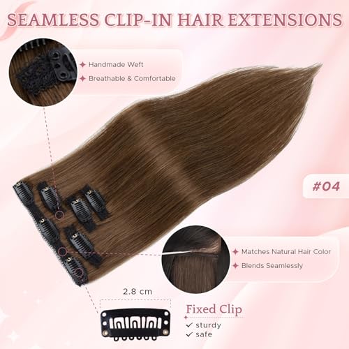Medium Brown Clip-In Hair Extensions 14 Inch Real Human Hair - 5pcs Set