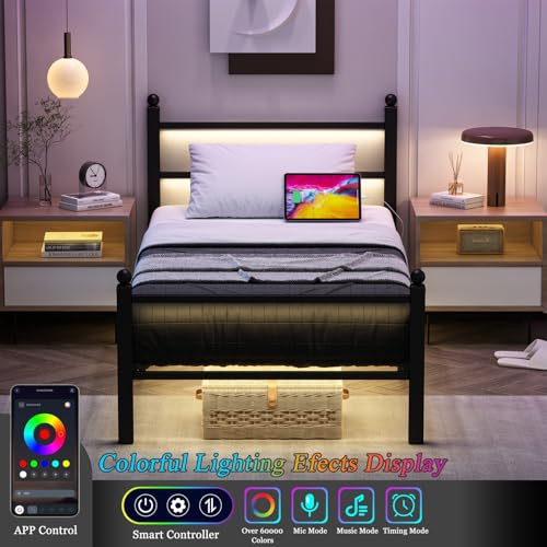 Black Twin Bed Frame with Charging Station & RGB LED Lights, Heavy Duty Slats, Easy Assembly