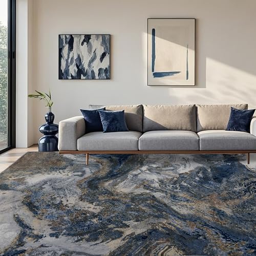 Blue and Gold Abstract Rug 9x12 Washable Area Rug for Living Room - Pet Friendly, Non-Slip Backing