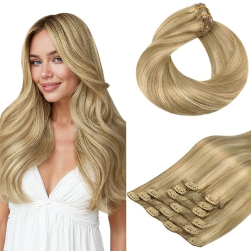 Hotbanana Ash Tone 16-Inch Clip-in Hair Extensions - Light Blonde Highlights, 120g, 7pcs