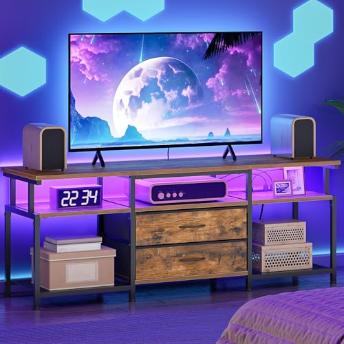HOOBRO 55.1 Inch Rustic Brown Black TV Stand with Power Outlet and LED Light - Fits 65 Inch TVs