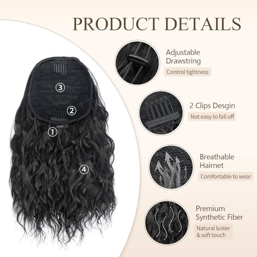 14-Inch Synthetic Ponytail Extension #1B Natural Black with Drawstring & Clips - Trendy Hair Accessory