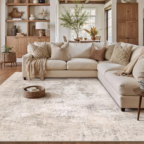 Beige Abstract Washable Area Rug 8x10 for Living Room - Non-Slip, Easy Clean