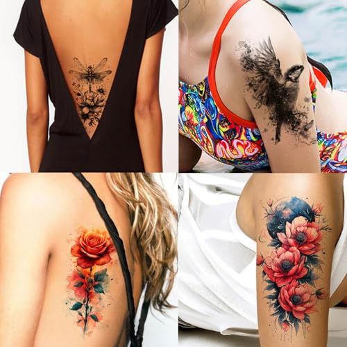 GLARYYEARS Temporary Tattoos for Women, 24-Pack Large Fake Tattoos, Long-lasting Animal Tattoos, Butterfly Flower Dragonfly Design Variety Pack Realistic Tattoos 3D, Sexy on Half Arm Leg Back Body