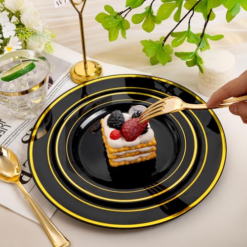 bUCLA Black & Gold Disposable Dinnerware Set 600pcs - Elegant Party Plates & Cutlery