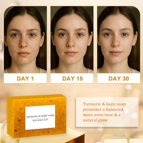 Turmeric Soap + African Net Sponge, Lemon Turmeric Kojic Soap Bar for Spots Remover, Organic Skin Care Soaps for Face and Body, Evens Skin Tone Exfoliator Deep Cleansing Moisturizing